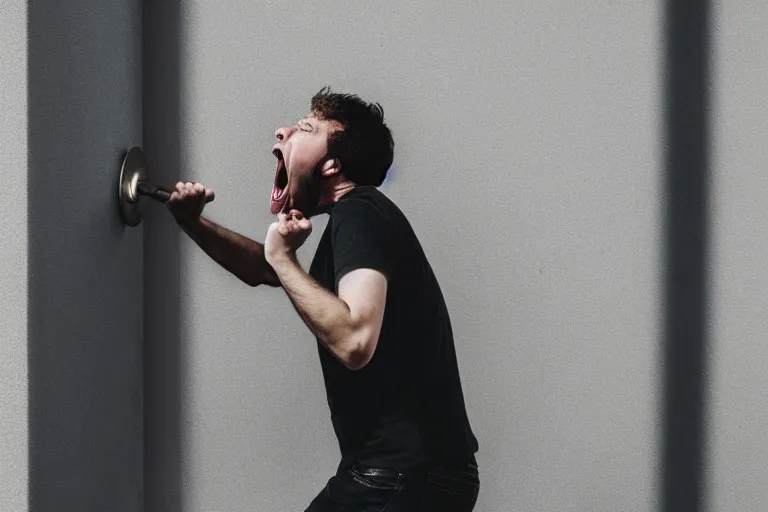 Prompt: an angry man banging on a metal wall