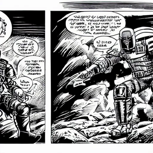 Prompt: judge dredd picking flowers in a sunny meadow with his lawmaster in the background, comic art in the style of brian bolland, highly detailed