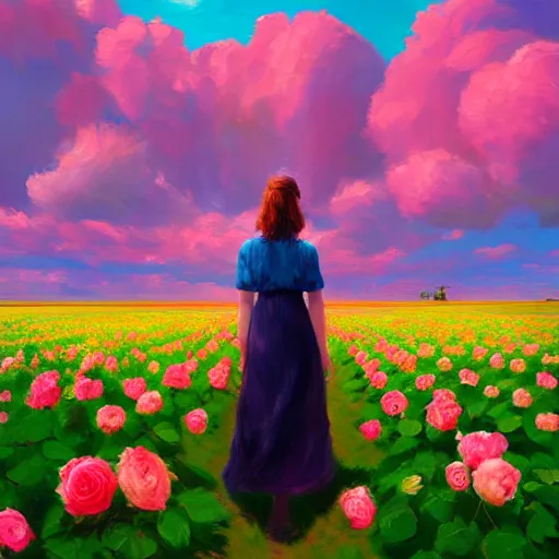 Image similar to large rose as a head, girl walking in a flower field, surreal photography, sunrise dramatic light, impressionist painting, colorful clouds, digital painting, artstation, simon stalenhag