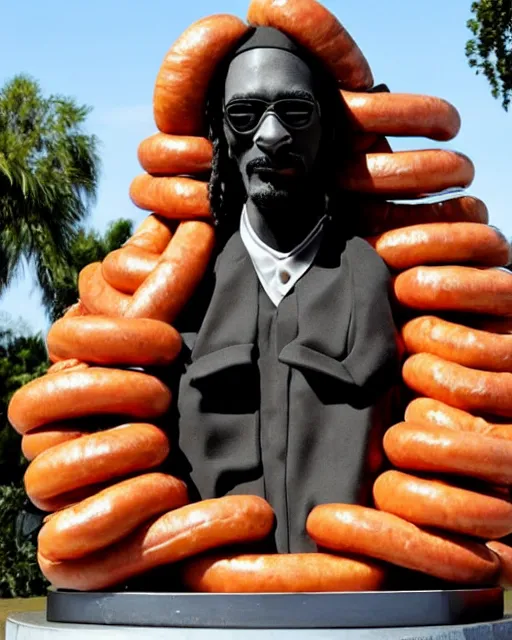 Prompt: sculpture of snoop dogg made of hotdogs