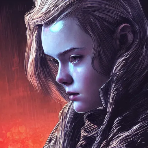 Image similar to Elle Fanning in the illustrated world of Dark Souls, head and shoulders masterpiece, apocalypse, golden hour, cosmic horror, artstation, in the style of Yoji Shinkawa, extremely detailed