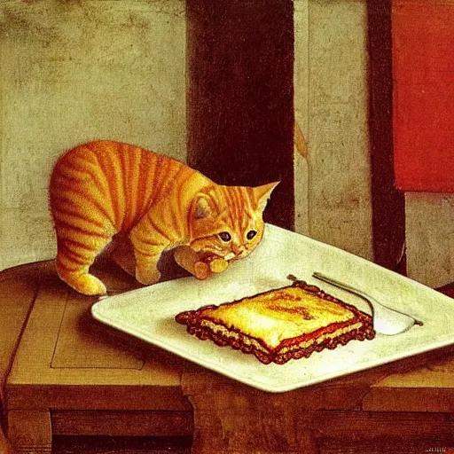 Prompt: fat orange tabby cat eating lasagna on a table by leonardo davinci