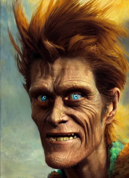 Image similar to closeup portrait biblical daemonic willem dafoe as a pixar! character, by mikhail vrubel, by peter elson, muted colors, extreme detail, trending on artstation, 8 k