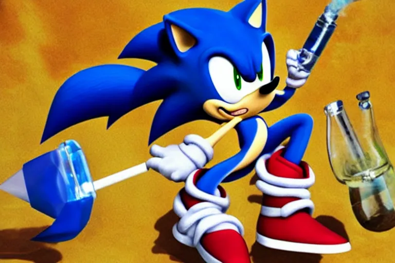 Image similar to Sonic the hedgehog smoking out of a bong