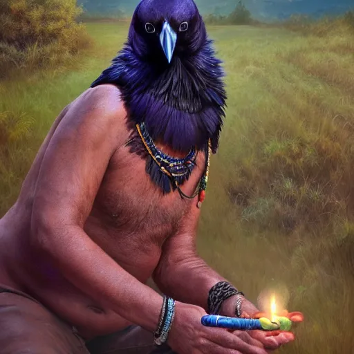 Prompt: n elderly indian don juan is sitting in a field with peyote and smoking a pipe, a raven walks next to him, beautiful fantasy detailed trending on artstation, oil painting, dramatic lighting, eterea, high quality print, fine art with subtle redshift rendering