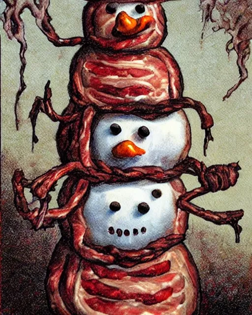 Prompt: meat snowman, horror art by beksinksy, bernie wrightson