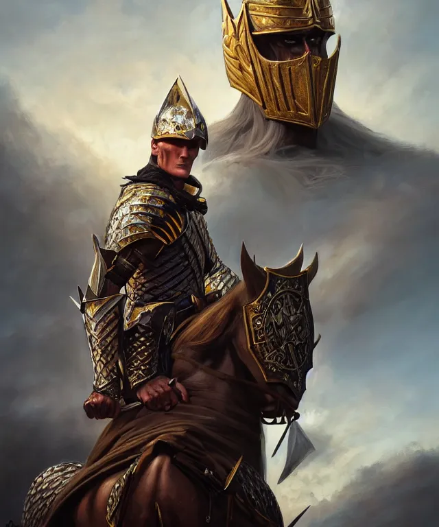 Image similar to a ( fantasy comic ) ( cover art ) portrait of ( young dolph lundgren ) as a ( royal knight ) kneeling before the viewer, oil painting by greg rutkowski and serhiy krykun and artgerm, photorealistic, d & d, highly detailed!, hd, 4 k, trending on artstation