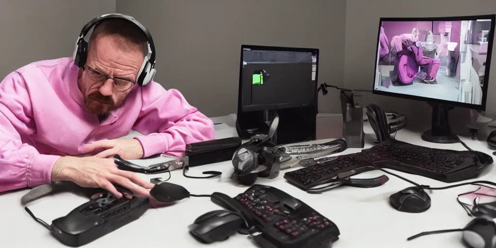 Image similar to walter white wearing pink headphones and sitting at his desk gaming, incredibly detailed, sharp focus, hyper realistic, sony 3 5 mm lens