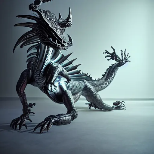 Image similar to hyperrealism aesthetic photography in araki nobuyoshi style quntum computer simulation visualisation of parallel universe dramatic scene with detailed dragon wearing retrofuturistic sci - fi neural interface designed by josan gonzalez. hyperrealism photo on pentax 6 7, by giorgio de chirico volumetric natural light rendered in blender