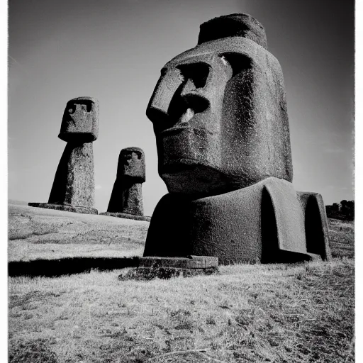 Image similar to black and white noir film with moai