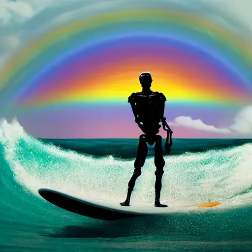 Image similar to 8k cinematic skeleton on a surfboard over a rainbow wave