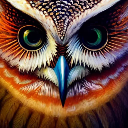 Image similar to a ultradetailed beautiful concept art of a an intricate wooden mask of an owl painted with beautiful colors, but the mask hide some dark secret, photorealism, ome reflexion in eyes, sharp details, volumetric light, high resolution 4 k, by tom bagshaw, greg rutkowski, charli bowater and artgeem