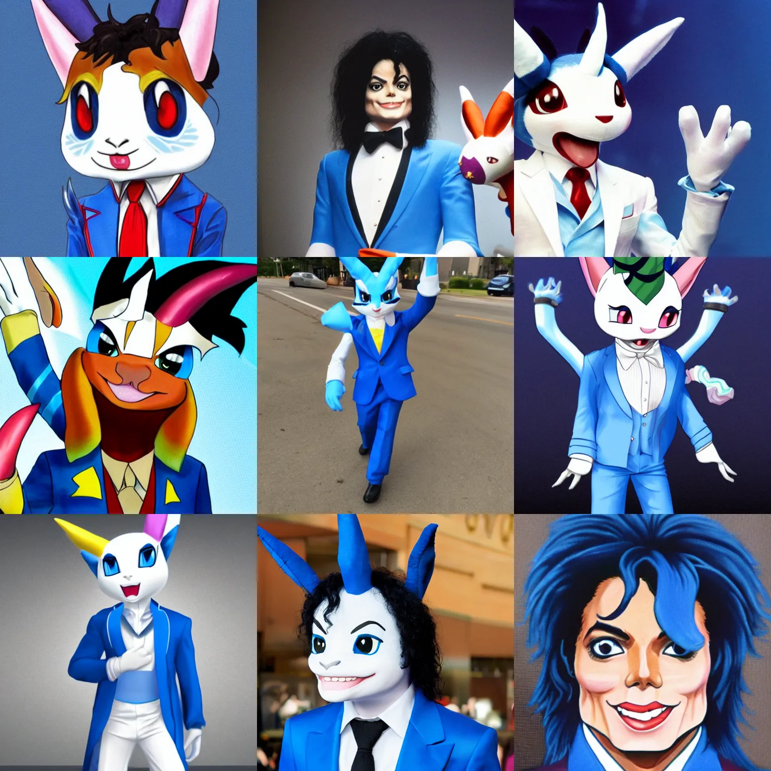 Prompt: Michael Jackson with Sylveon head in a blue suit