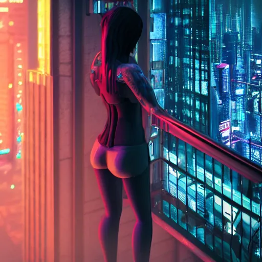 Image similar to ultra realistic and intricate detailed photograph of a cyberpunk woman standing on a balcony looking out at the city, neon, cyberpunk, technology, blade runner, artstation, unreal render, depth of field, ambient lighting, award winning, stunning