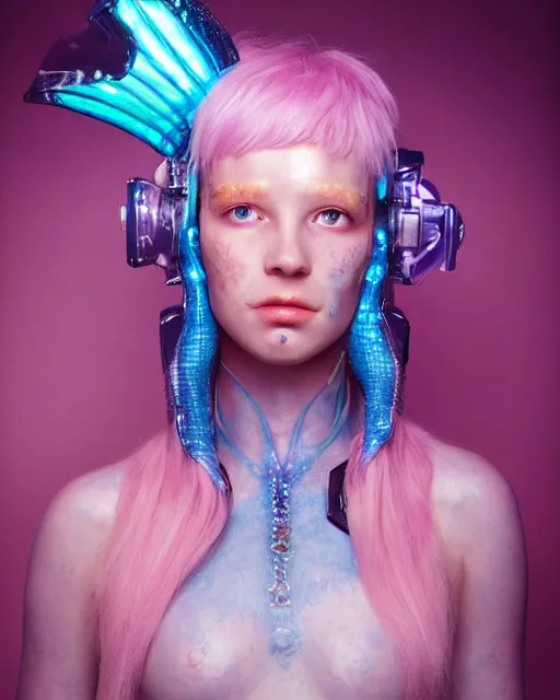 Image similar to natural light, soft focus portrait of a cyberpunk anthropomorphic narwhal with soft synthetic pink skin, blue bioluminescent plastics, smooth shiny metal, elaborate ornate head piece, piercings, skin textures, by annie leibovitz, paul lehr