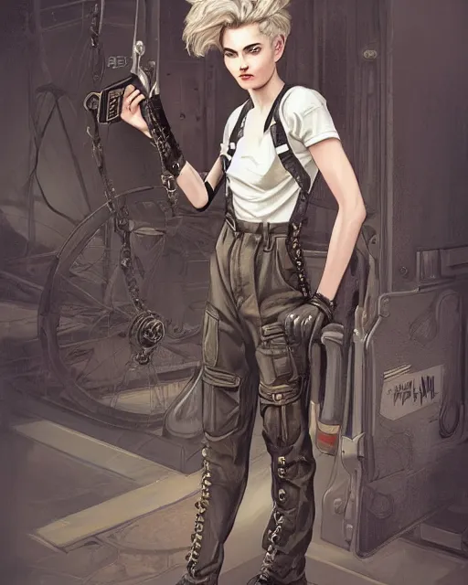 Prompt: a full body portrait of a beautiful androgynous punk girl with short hair and beautiful eyes, beautiful face, wearing tall combat boots, who is a mechanic wearing overalls carrying a bag, digital concept art, detailed digital painting, ornate decorative background, by j. c. leyendecker and edward blair leighton and charlie bowater, trending on artstation