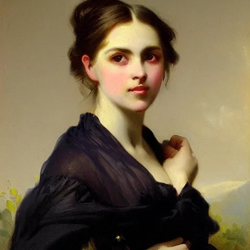 Image similar to beautiful portrait of a young woman with gentle eyes by franz xaver winterhalter, circa 1 8 6 3