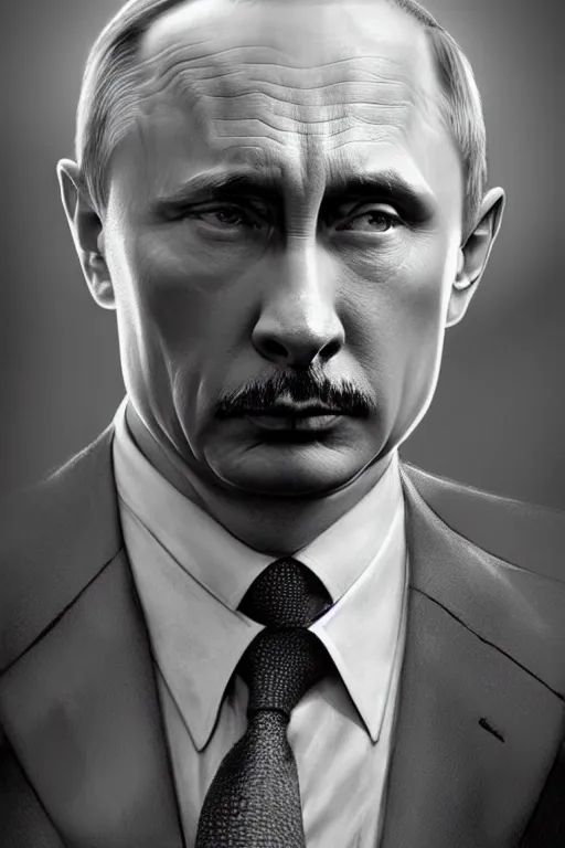 Image similar to vladimir putin playing hitler in a movie, realistic portrait, symmetrical, highly detailed, digital painting, artstation, concept art, smooth, sharp focus, illustration, cinematic lighting, art by artgerm and greg rutkowski and alphonse mucha