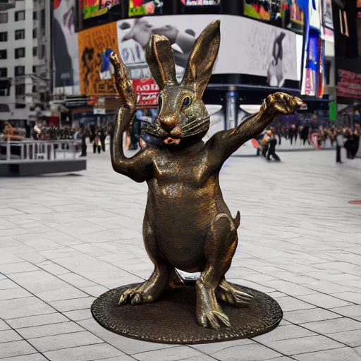 Prompt: a realistic bronze sculpture of a very scary bunny with sharp teeth made by michelangelo, standing in times square, 3 d render, hyper detailed, sharp focus, 8 k resolution