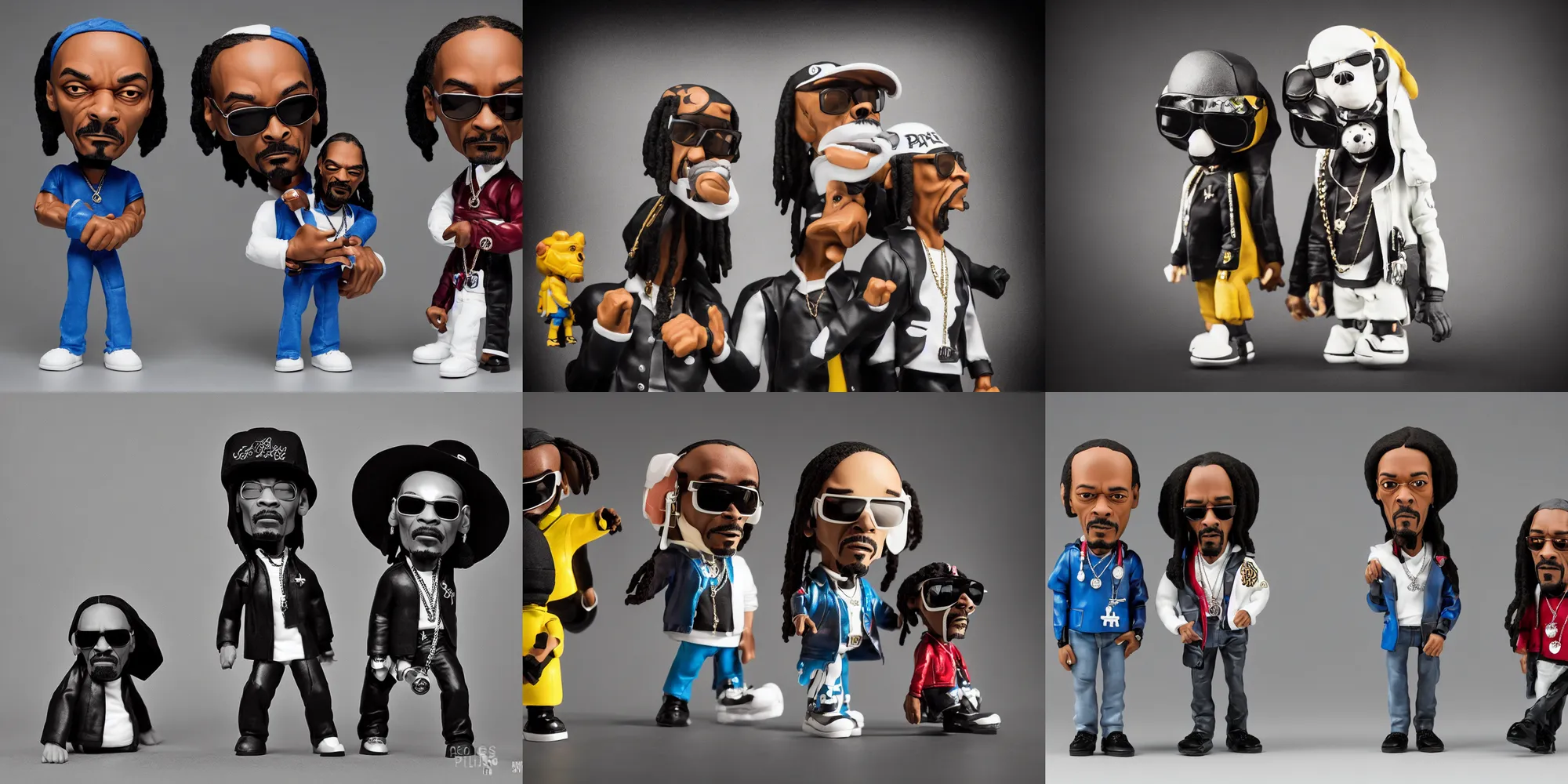 Prompt: dr dre and snoop dog as vinyl toys by pay jay figure, studio product photography, moody lighting, single strobe light, low - key light, dark background