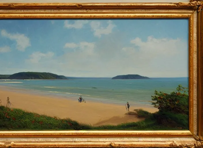 Image similar to omaha beach, normandy in the style of hudson river school of art, oil on canvas