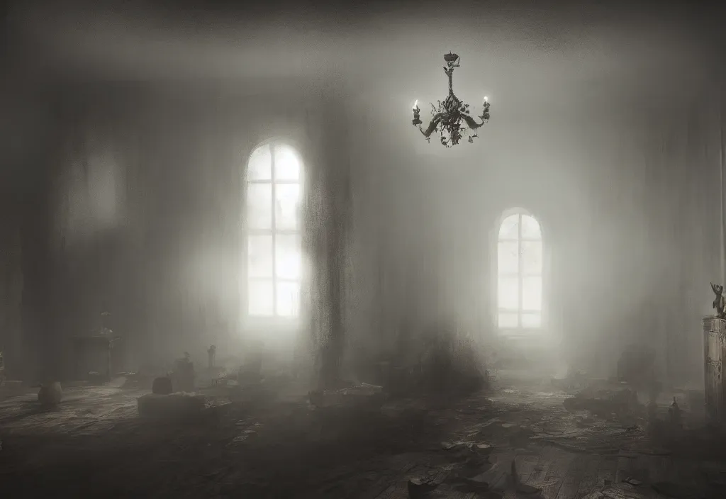 Prompt: eldritch shadows ghosts in a room of a haunted house. photorealistic, cinematic lighting, octane tender, dark - art