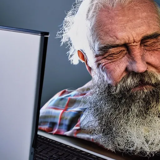 Prompt: dignital art of a bearded old man sitting on a cloud in the sky using a desktop computer 3 5 mm hdr sunny