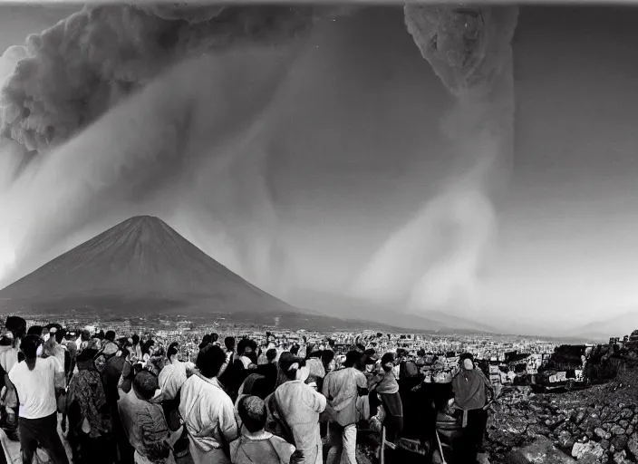 Image similar to old photo of average greeks drink wine and have fun against the backdrop of mount vesuvius starting to erupt by sebastian salgado, fisheye 1 6 mm, diffused backlight