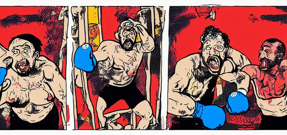 Prompt: Sam Hyde sparring with Joe Rogan, Mike Judge art style, 90's mtv illustration, clean illustration with thick lines, vivid complementary colors