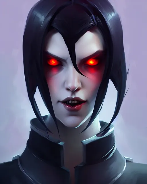 Image similar to hq rendering, dark vampire, character portrait, concept art, painterly, fanart, highly detailed in the style of overwatch by ilya kuvshinov, wenjun lin, angular geometric symmetrical design