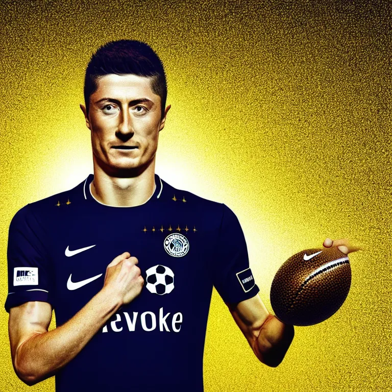 Image similar to robert lewandowski as play football, nike logo on the tshirt in toilet, photorealistic face, golden skin, dark background, lasers