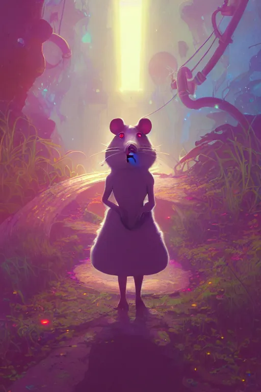 Image similar to a dreamy otherworldly 3 d render of anthropomorphic cyborg rodent on pathway to castle, studio ghibli, pixar and disney exploded - view drawing, sharp, disney octane render splatter paint vray by shinji kimura and alphonse mucha and alena aenami, maximalist pastel color palette, ( ( bloom ) ), dramatic lighting