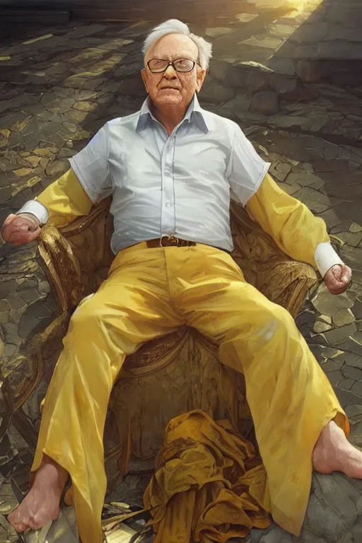 Image similar to warren buffet godly clothes meditating in the sun, yellow lighting ultra realistic photorealistic highly detailed high quality, a stunningly, digital painting, artstation, concept art, smooth, sharp focus, illustration, art by artgerm and greg rutkowski and alphonse mucha 8 k