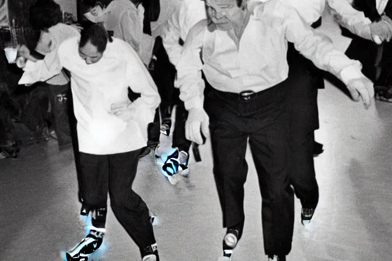 Prompt: Photo of President Nixon rollerblading in a Mexican restaurant, award-winning front-page newspaper, grainy, 1970s