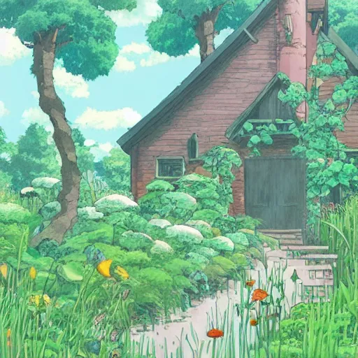 Prompt: overgrown home office by Studio Ghibli