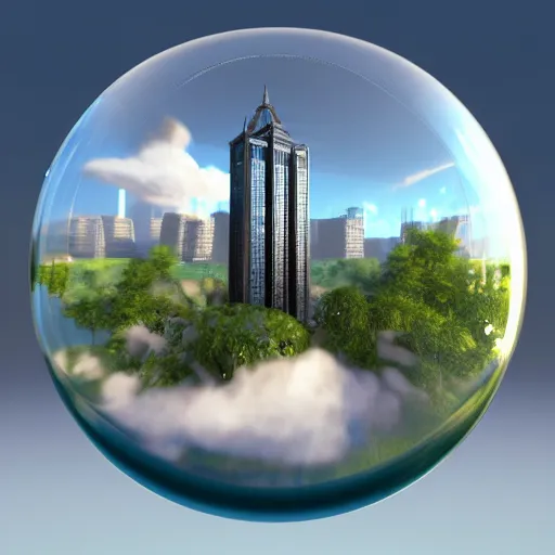 Prompt: miniature skyscraper inside a glass bubble, floating on clouds, realistic 3 d render, unreal engine, gardens, maya, 8 k, smooth, sharp focus, octane, twilight