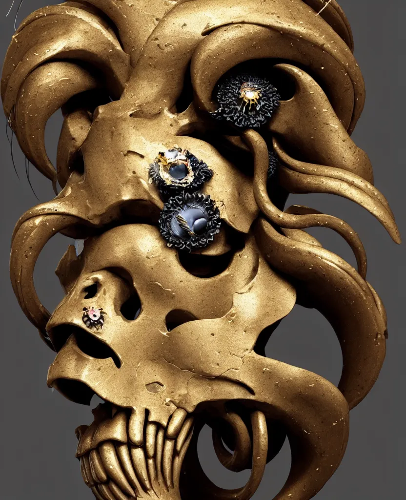 Image similar to goddess princess face close-up portrait ram skull. sculpture made of black clay and gold. jellyfish phoenix head, nautilus, orchid, skull, betta fish, bioluminiscent creatures, intricate artwork by Tooth Wu and wlop and beeple. octane render, trending on artstation, greg rutkowski very coherent symmetrical artwork. cinematic, hyper realism, high detail, octane render, 8k