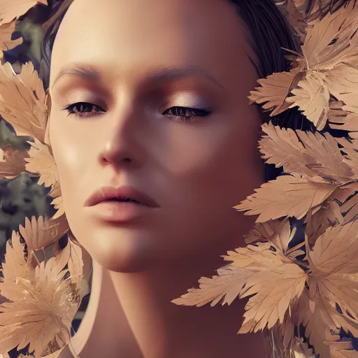 Image similar to a highly detailed digital image of a futuristic woman elegantly wrapped with leaves, artstation, extremely detailed woman, stunning volumetric lighting, hyper realism, fantasy 4k,