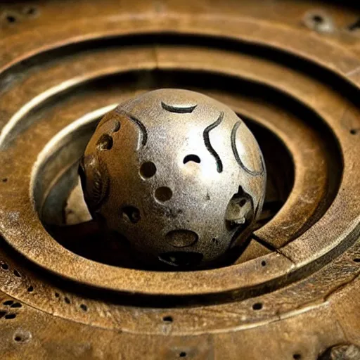 Prompt: an iron ball with weird symbols engraved on it, the ball is on a pedestal. the light enter the room by a hole in the ceiling. close - up. steampunk.