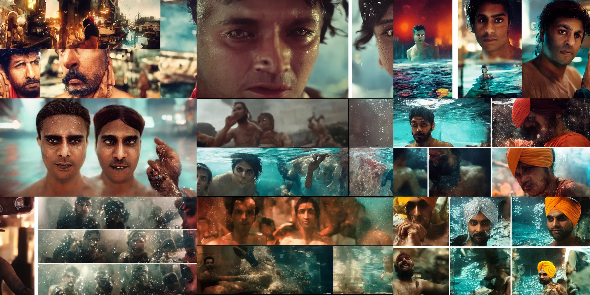 Prompt: Kodak portra 160, 4K, split screen, closeup portrait: famous indian sikh in low budget blade runner movie remake, underwater scene