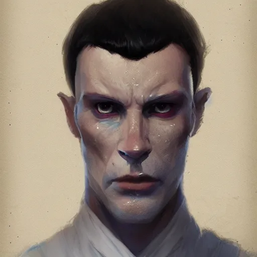 Image similar to portrait of a blue skin man by greg rutkowski, short black hair in military style, tall, star wars expanded, universe, he is about 5 0 years old, wearing white colored imperial admiral uniform, artstation hq