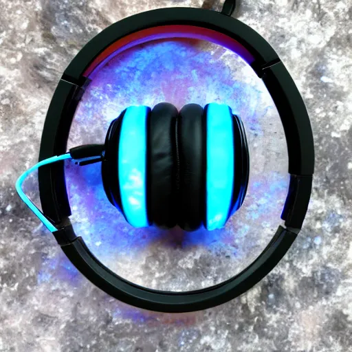 Prompt: futuristic headphones made of boulder opal, glowing, clean futuristic design, nixie tube accents, sacred, angelic, divine, museum lighting