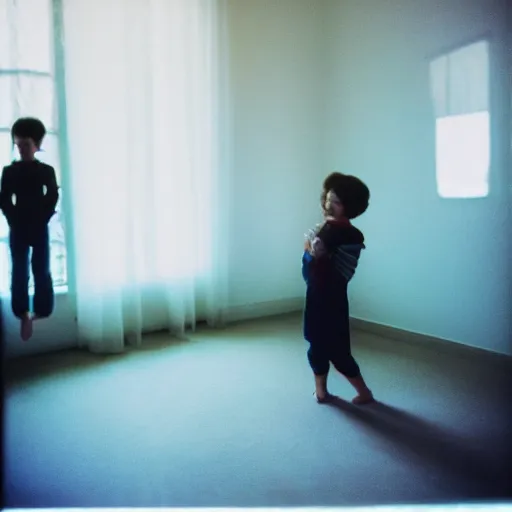 Image similar to cinematic shot of a woman and her son levitating like astronauts in a room without gravity, lens flare from a window, cinestill 800t