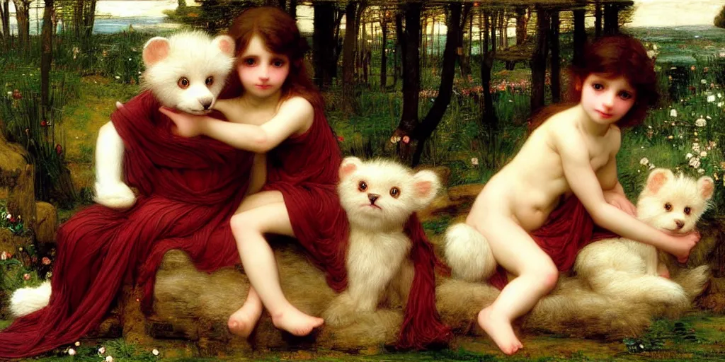 Image similar to 3 d precious moments plush animal, realistic fur, undine, gold, morning, master painter and art style of john william waterhouse and caspar david friedrich and philipp otto runge