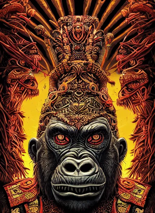 Prompt: barong family member, wiwek, mara demon, lizard tongue, one single tribe member, jungle, one single mask, dark, ancient warrior, gorilla, tribals, art by dan mumford and justin gerard