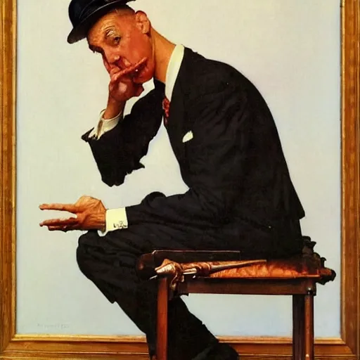 Image similar to An elegant man throws gang signs. Painting by Norman Rockwell.