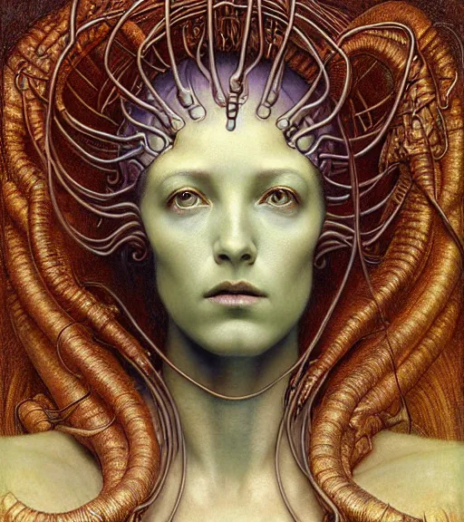 Prompt: detailed realistic beautiful young alien robot as queen of mars face portrait by jean delville, gustave dore and marco mazzoni, art nouveau, symbolist, visionary, gothic, pre - raphaelite. horizontal symmetry by zdzisław beksinski, iris van herpen, raymond swanland and alphonse mucha. highly detailed, hyper - real, beautiful