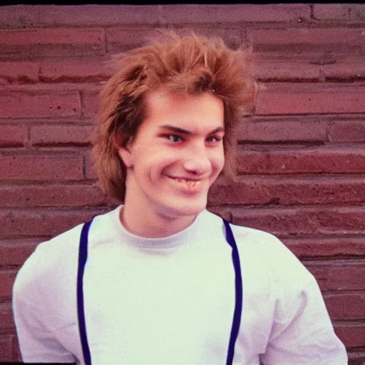 Prompt: a color photograph of a very handsome young guy in 1 9 8 8, he is at college and being silly