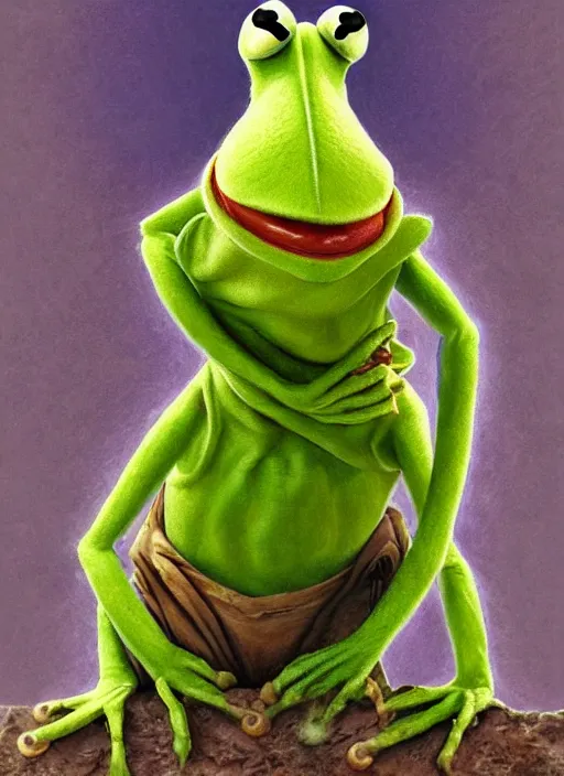 Image similar to portrait of Kermit the frog in Antichrist (2009), highly detailed, centered, solid color background, digital painting, artstation, concept art, smooth, sharp focus, illustration, artgerm, donato giancola, Joseph Christian Leyendecker, Les Edwards, Ed Repka, WLOP, Artgerm