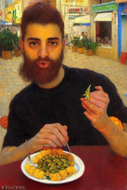 Image similar to portrait of an israeli man eating a falafel in tel aviv, victor Nizovtsev